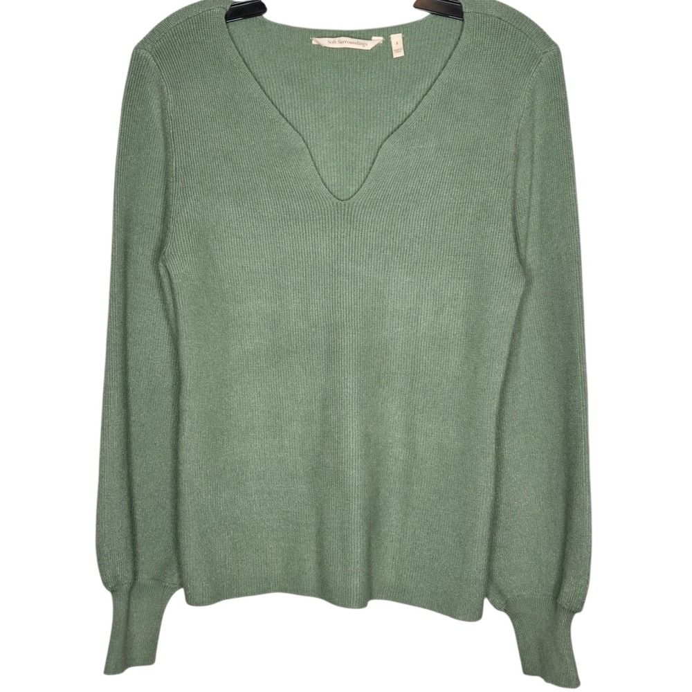 Soft Surroundings Sage Green Ribbed V-Neck Sweater Balloon Sleeve Size Small S